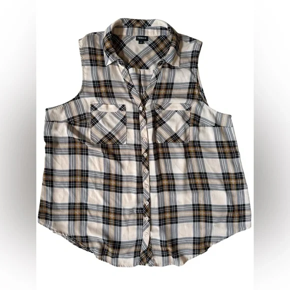Torrid Size 1 X Madison Georgette Plaid Brown Button-Up Sleeveless Shirt - Picture 4 of 7